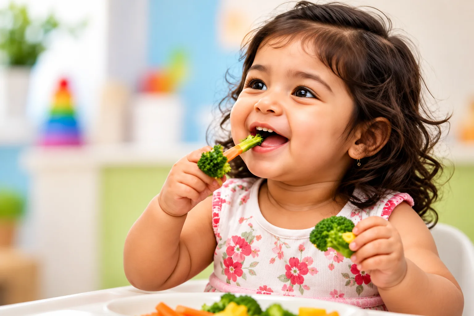 Toddler happily eating broccoli